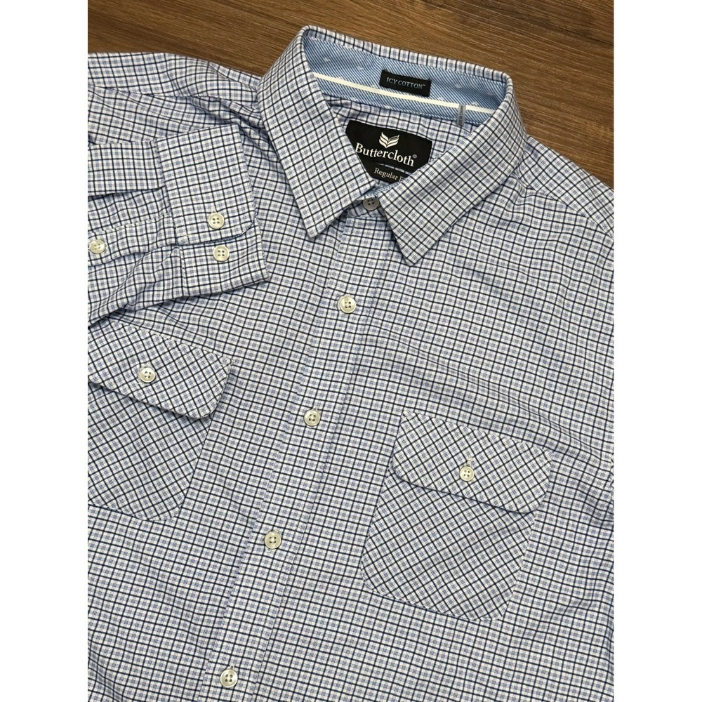 Buttercloth Icy Cotton Mens Blue White Check Performance Button Down Shirt Sz L